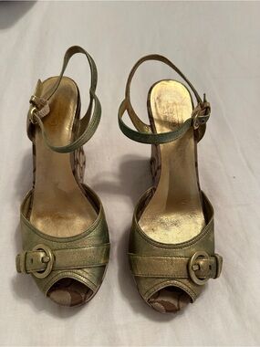 Coach Metallic Gold & Olive Green Slingback Wedge Sandals